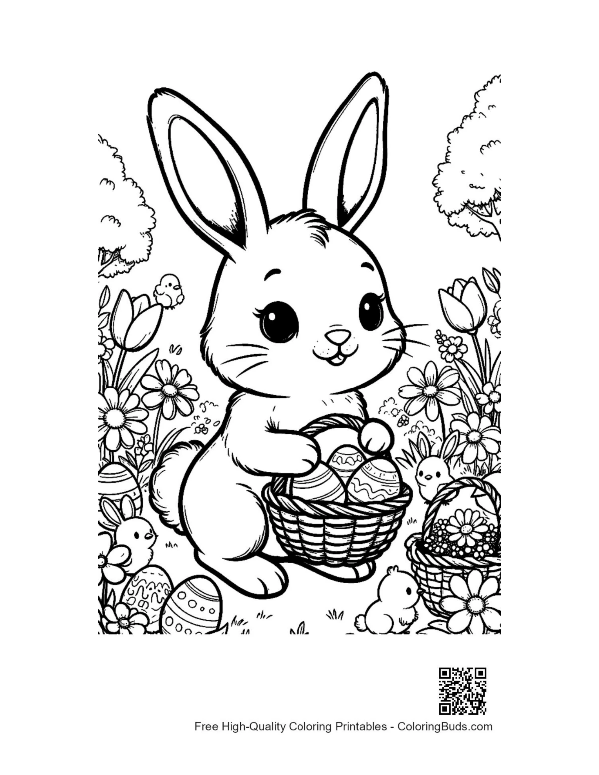 Cuddly Easter bunny holding wicker basket coloring printable