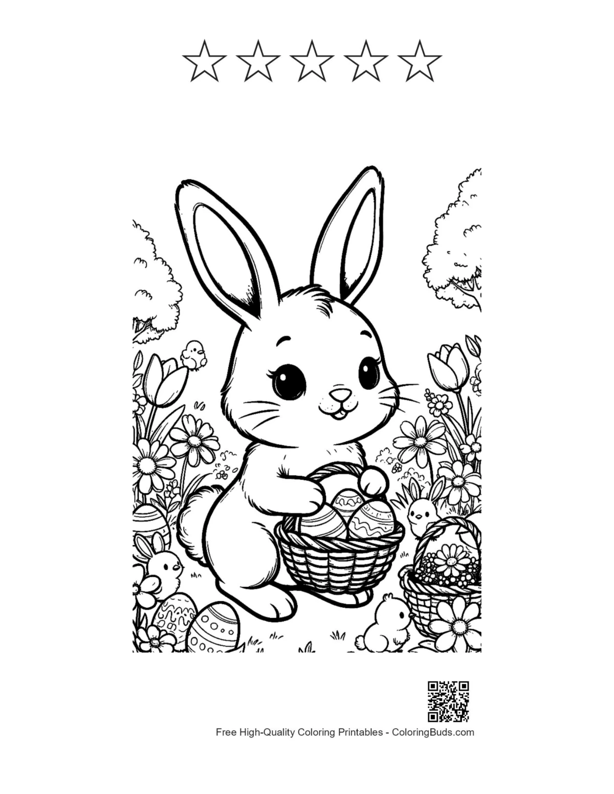 Cuddly Easter bunny with basket and 5 star outlines printable