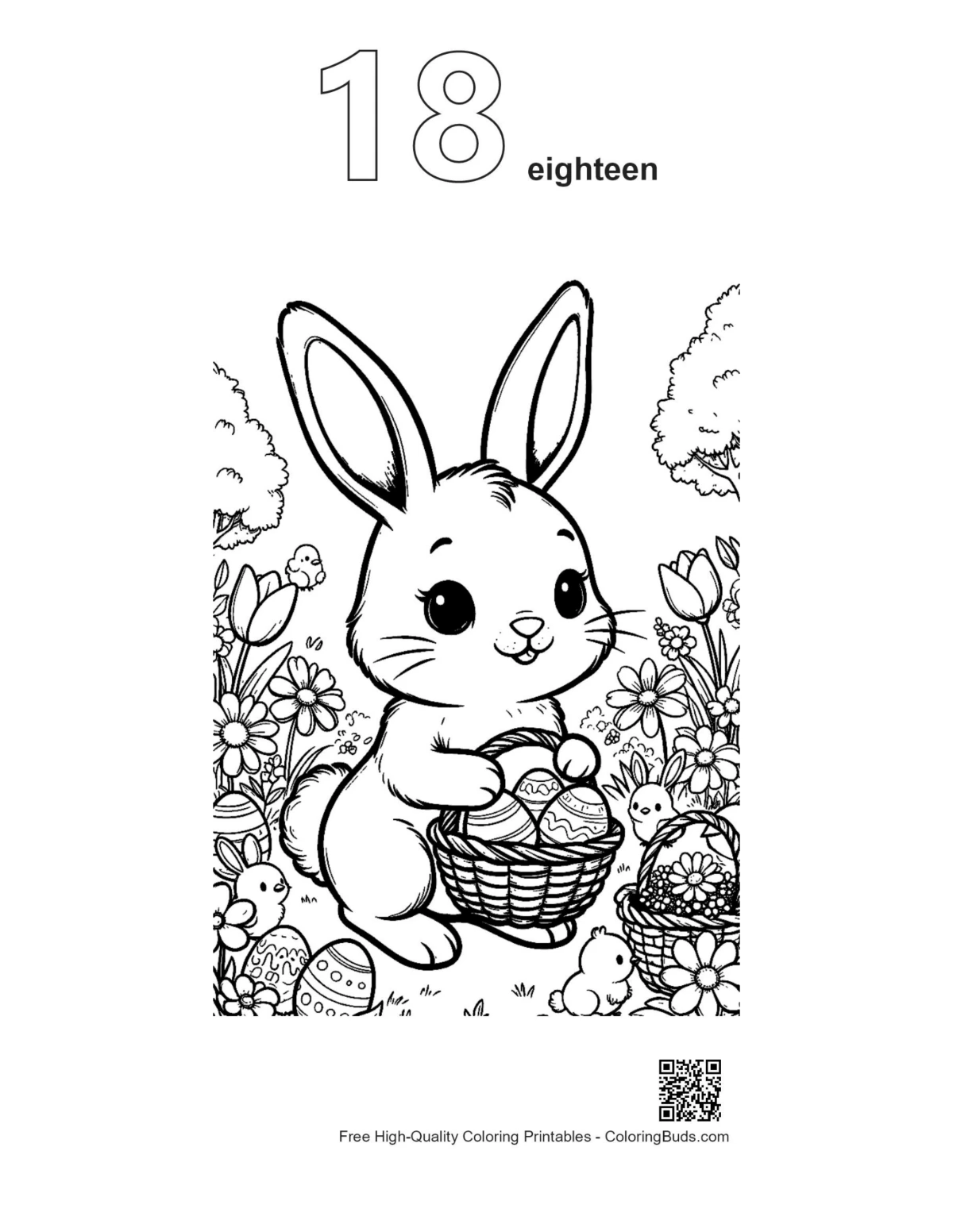 Cuddly Easter bunny basket outline with number 18 printable