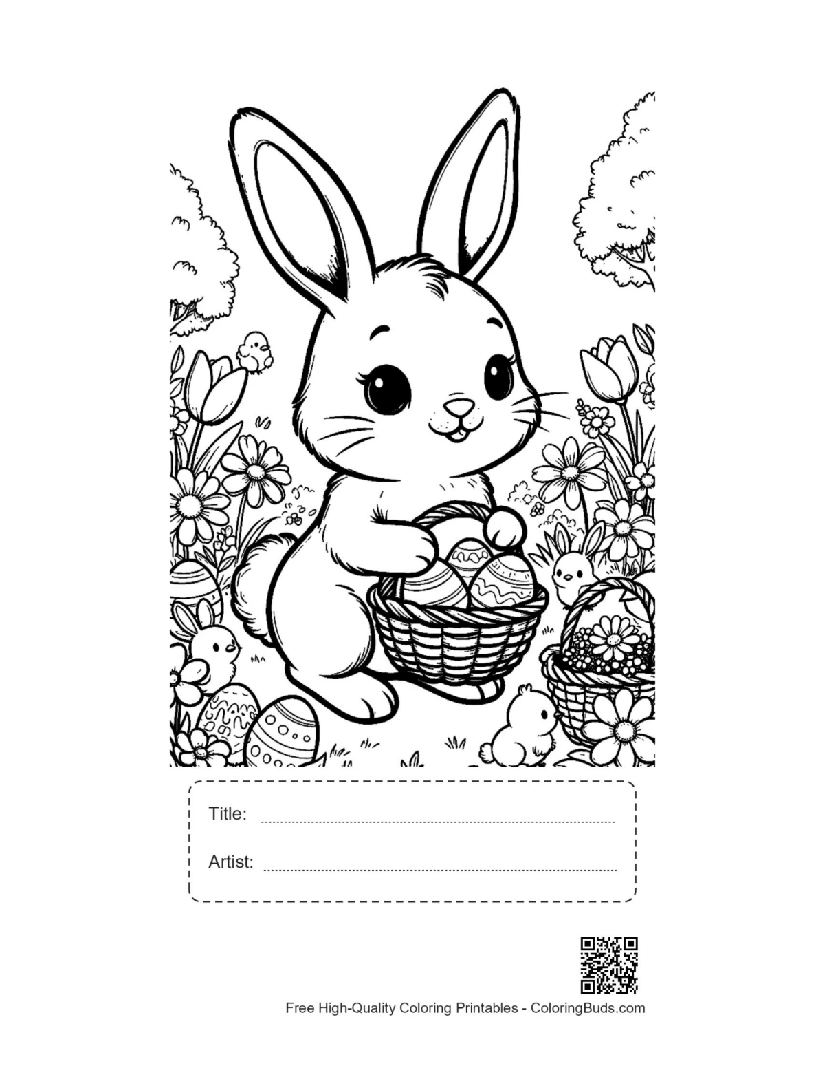 Cuddly Easter bunny basket printable with title artist box