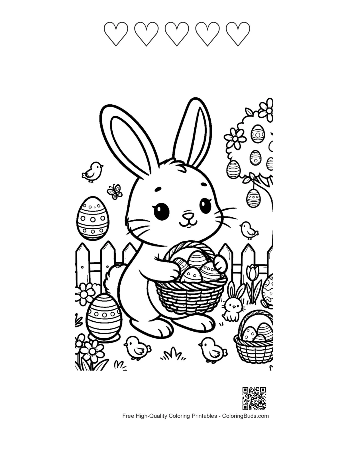 Cute Easter Bunny with 5 hearts outline