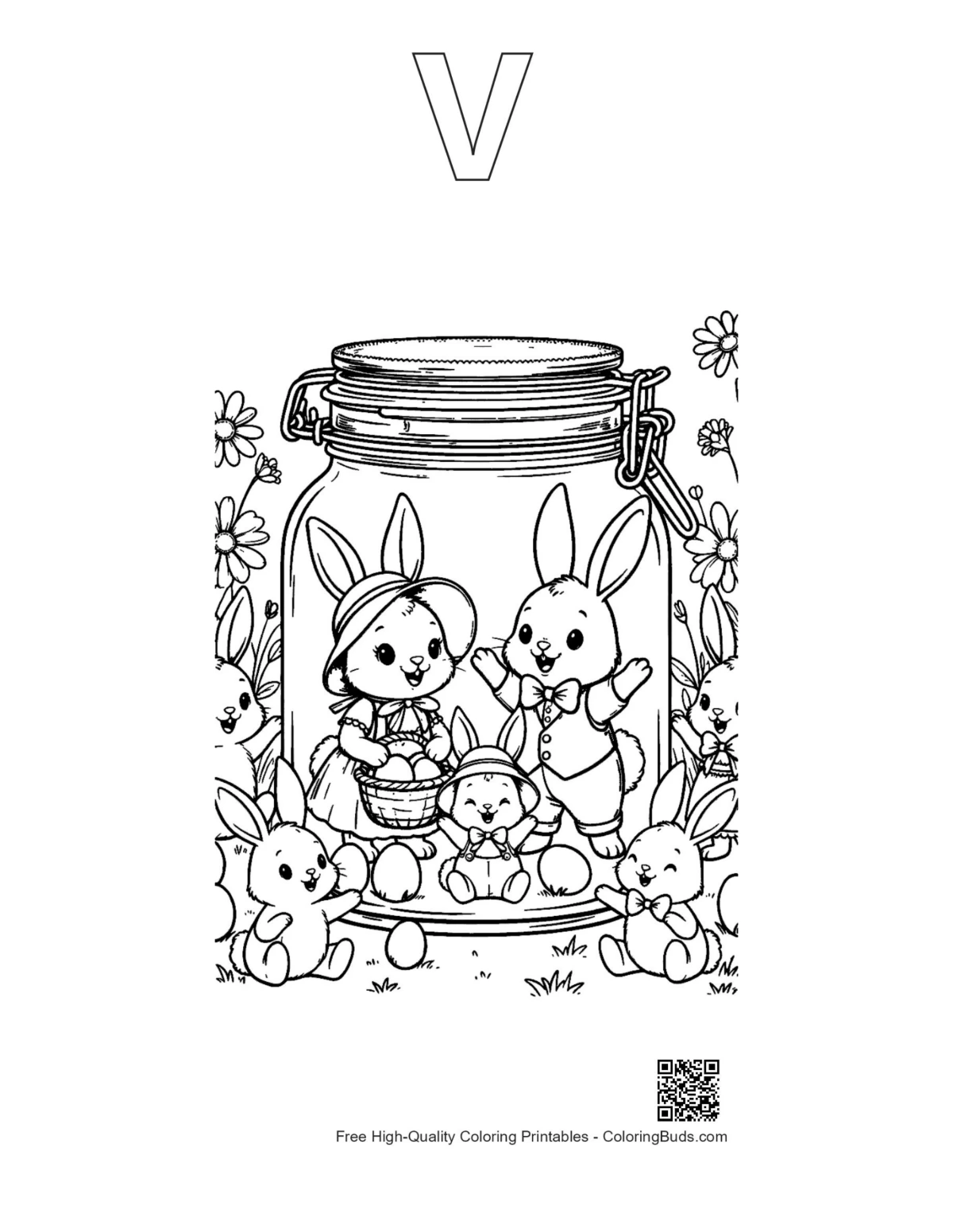 Cute bunny coloring page with V alphabet outline