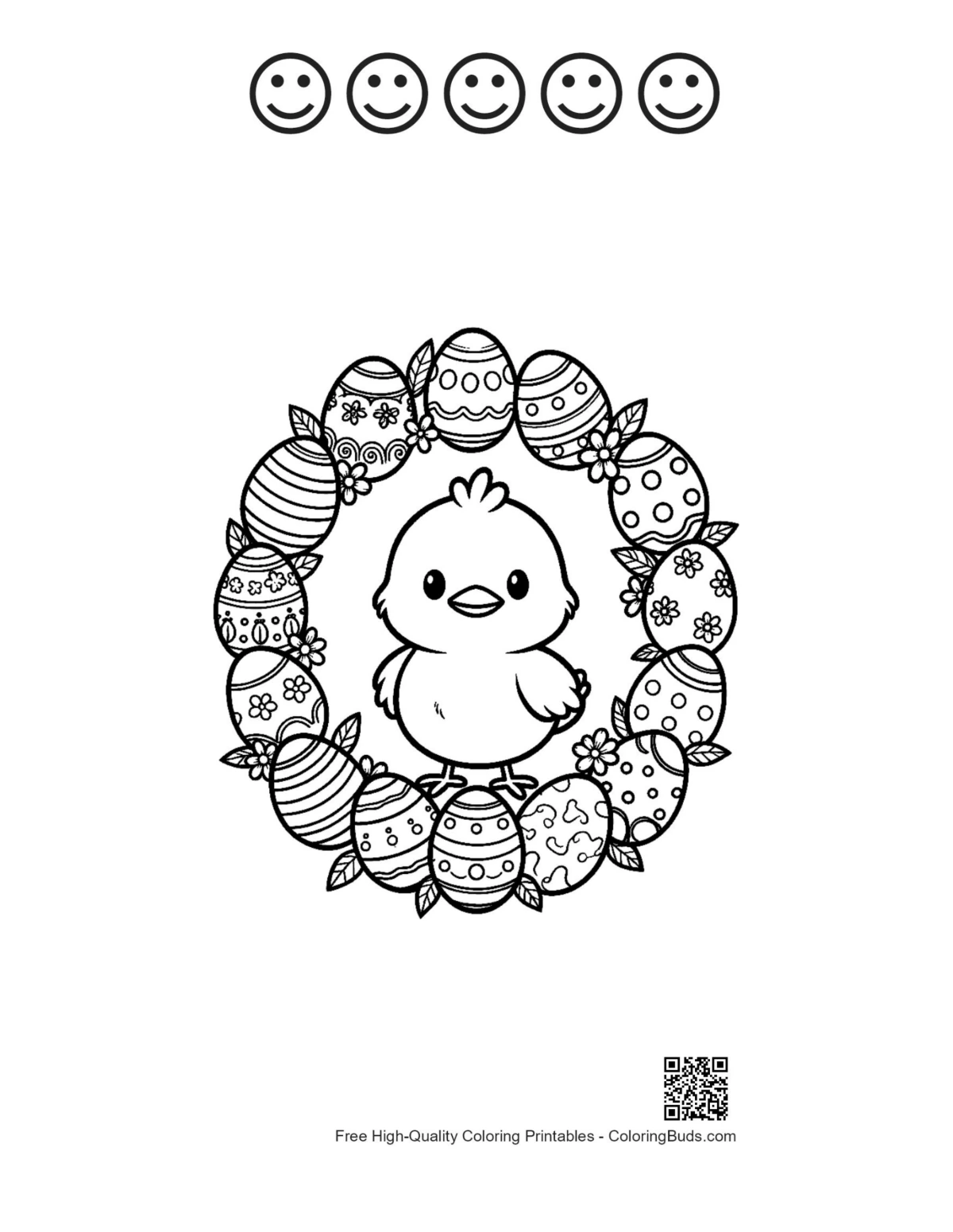 Fluffy chick peeking Easter egg with 5 happy faces outlines