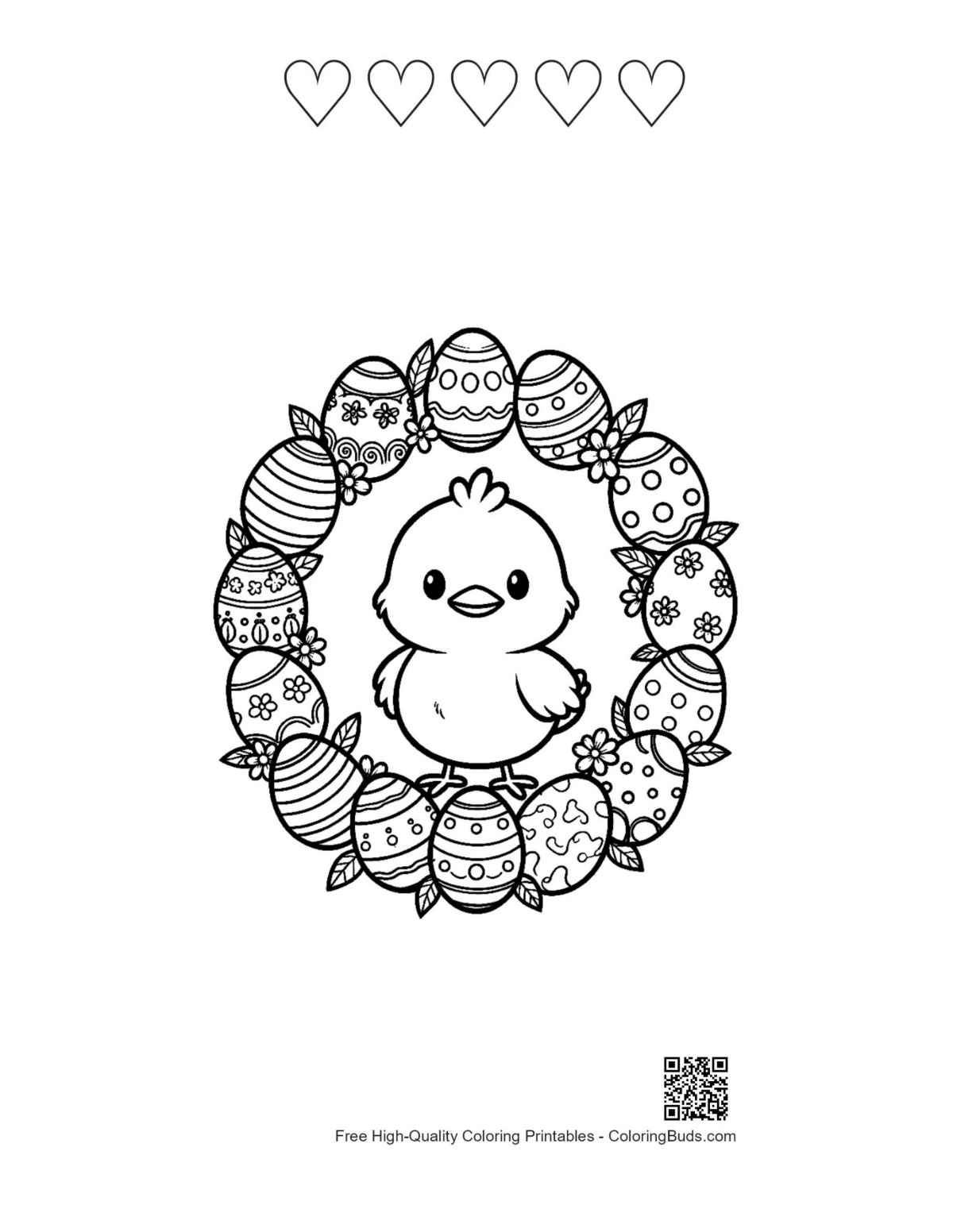Cute Easter egg chick printable with 5 heart outlines