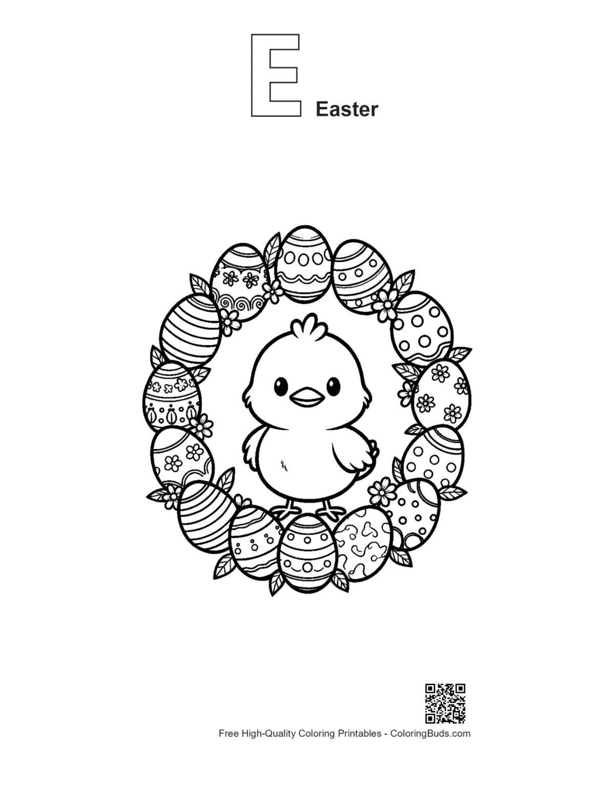 Fluffy chick Easter egg outline with alphabet E coloring page
