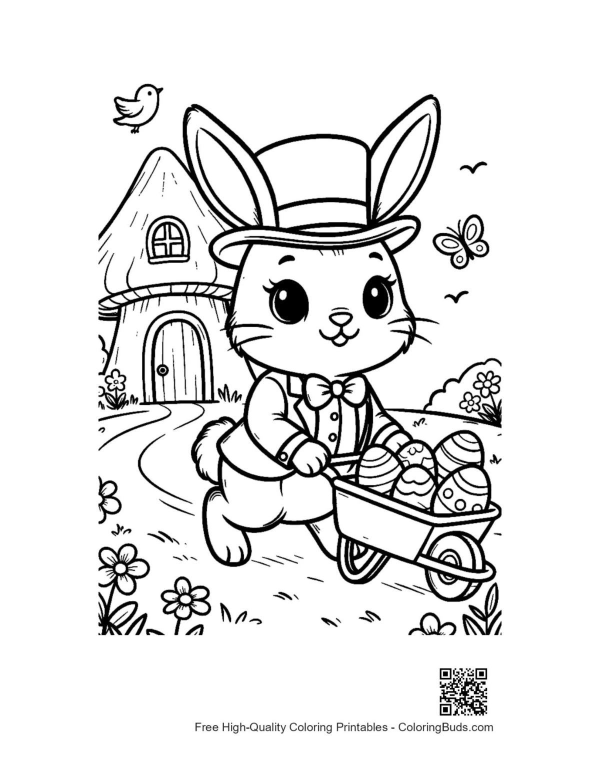 Dapper Easter bunny with egg baskets coloring page