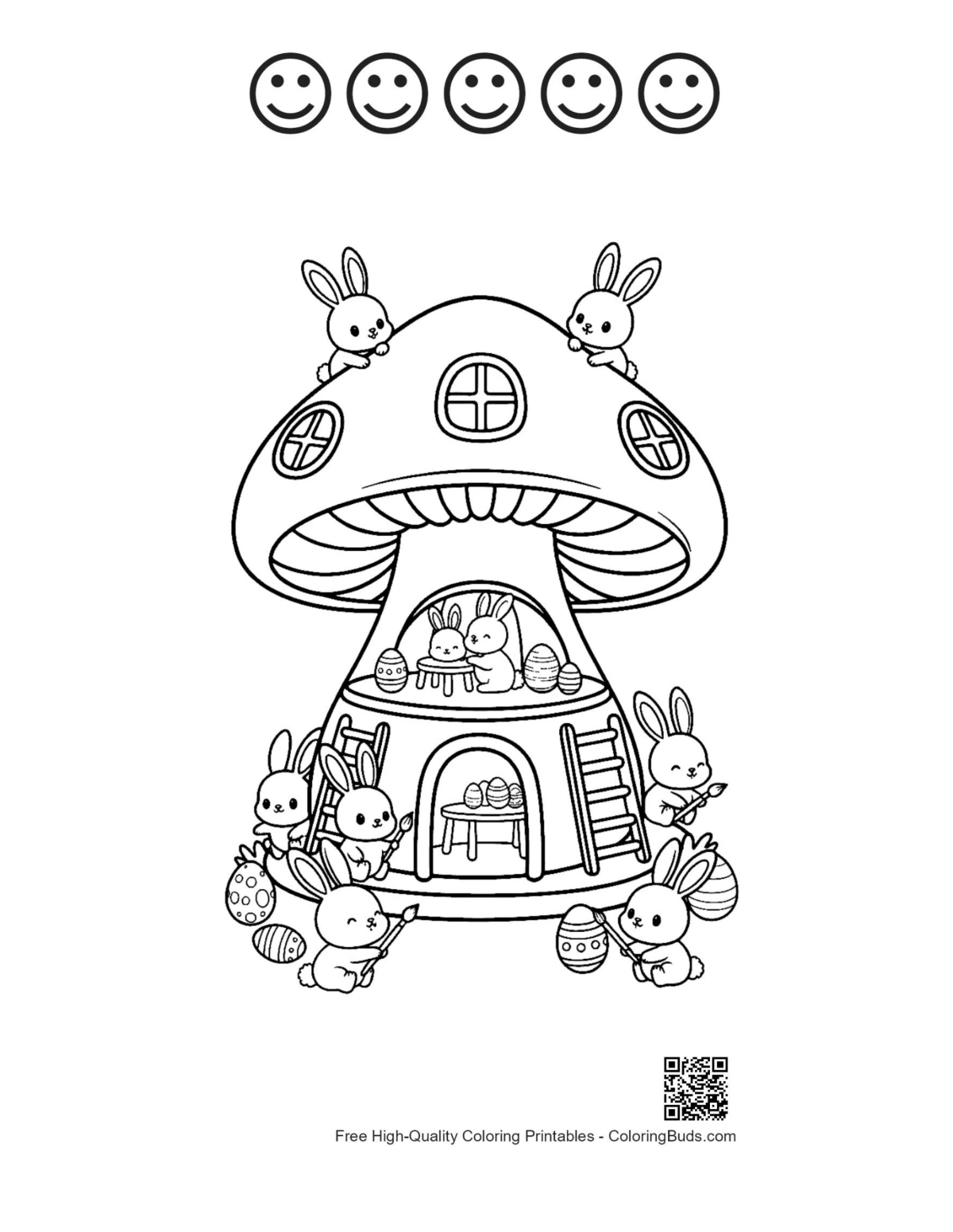 Printable Easter Bunny with happy faces coloring sheet