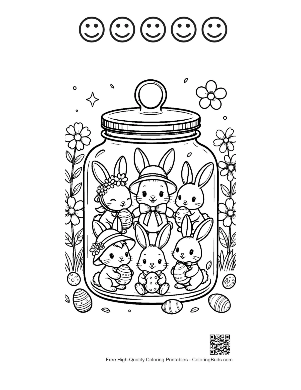 Printable Easter Bunny with happy faces coloring sheet