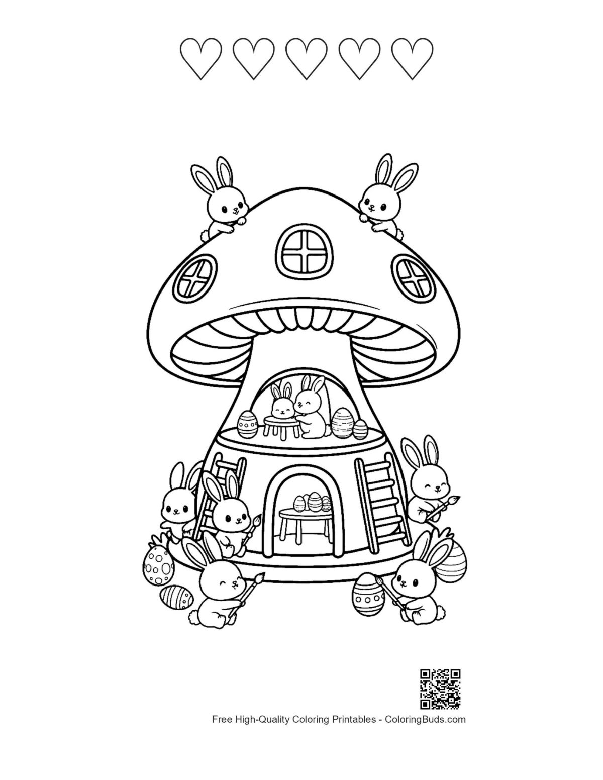 Easter Bunny coloring page with 5 hearts printable