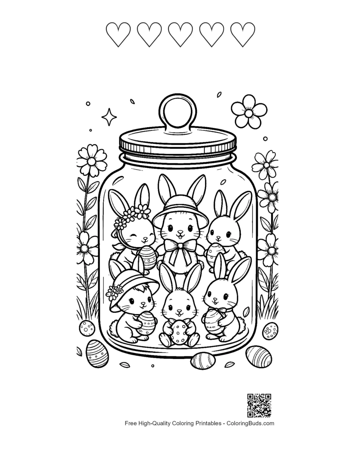 Easter Bunny hearts outline coloring page printable