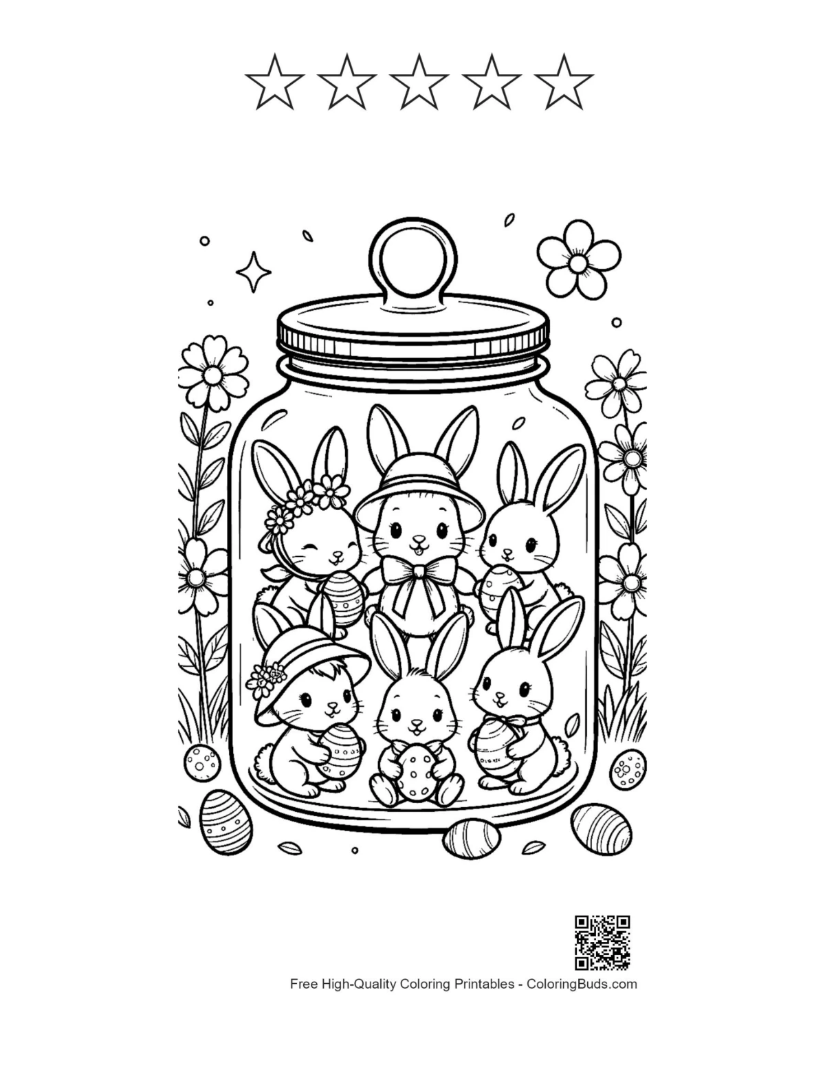Easter Bunny coloring page with 5 stars outline