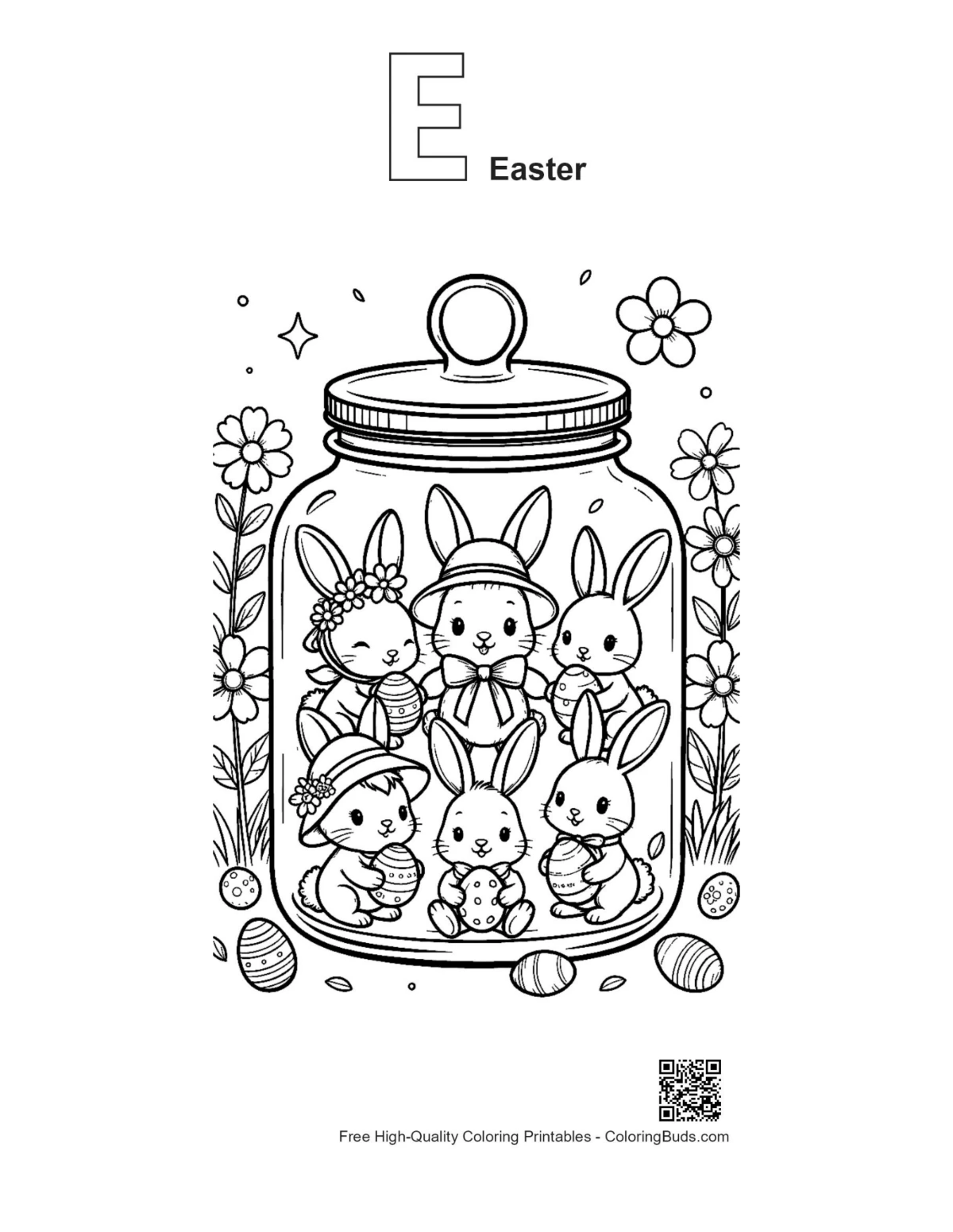 Easter Bunny alphabet E outline coloring printable