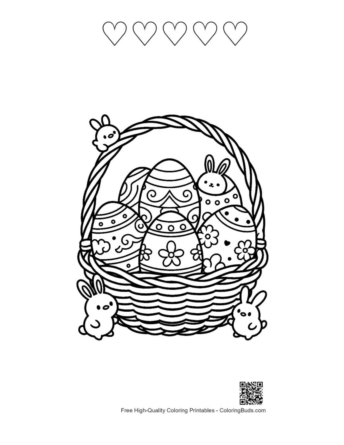 Printable Easter basket eggs birds 5 heart outlines