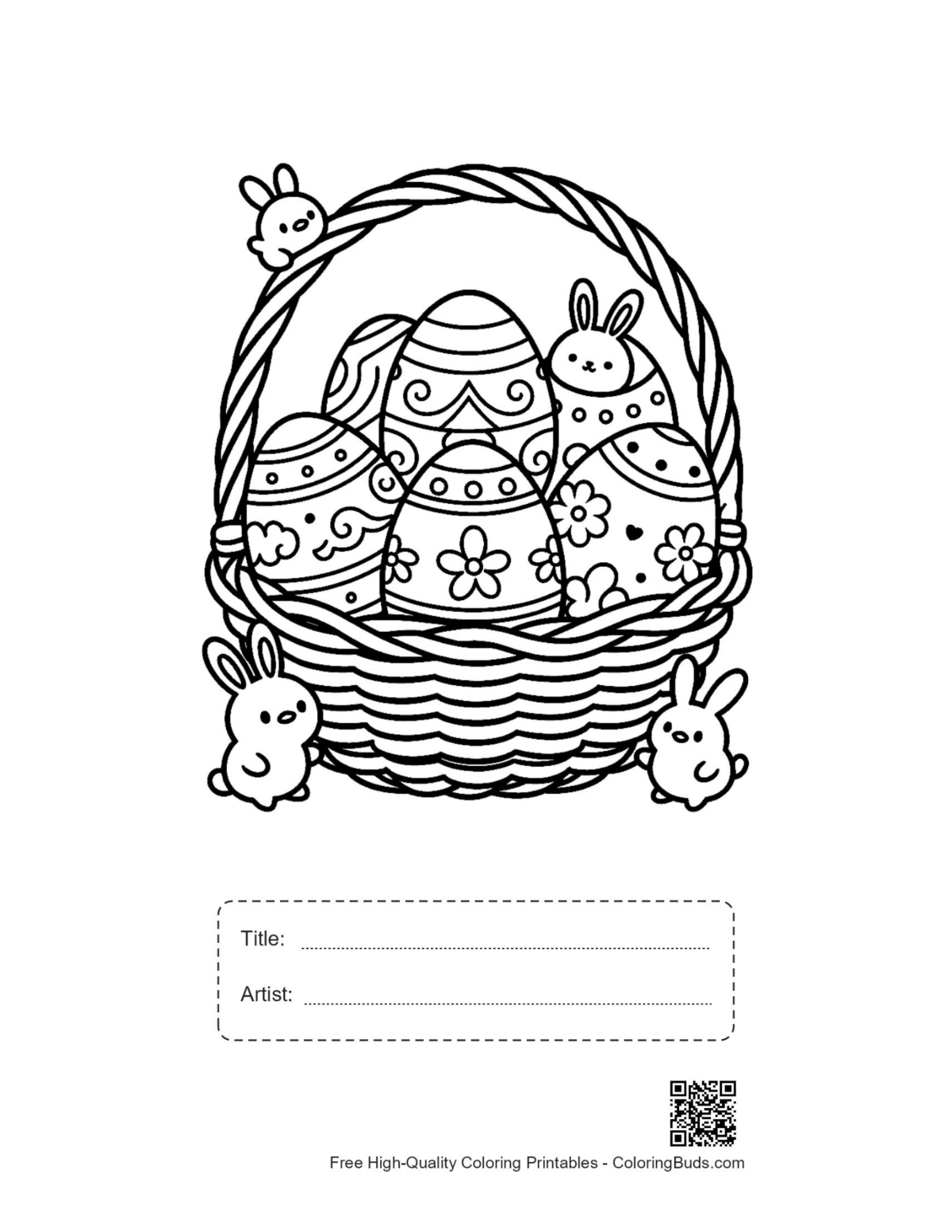Easter basket printable with title artist box eggs birds