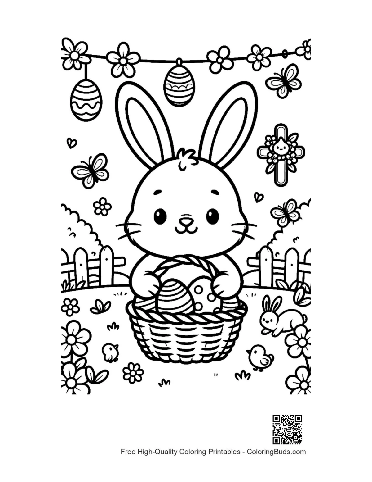 Easter bunny holding decorated egg in nature coloring printable