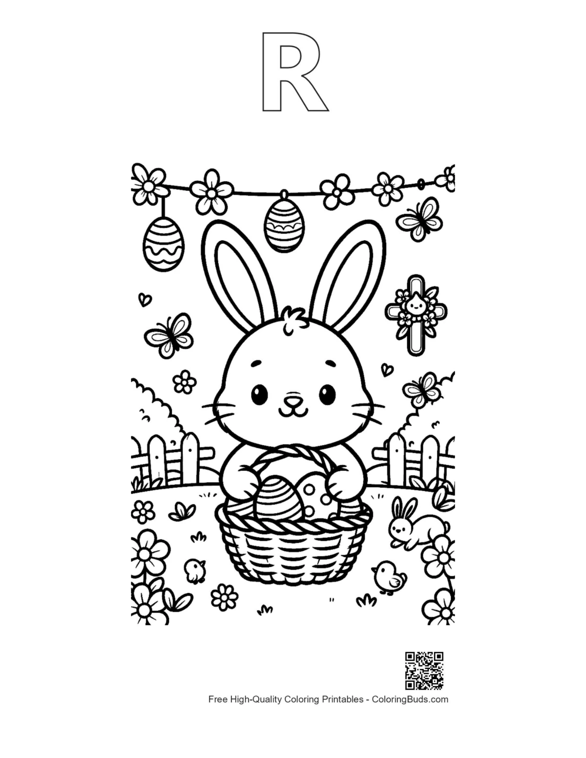 Easter bunny egg nature outline with alphabet R printable coloring