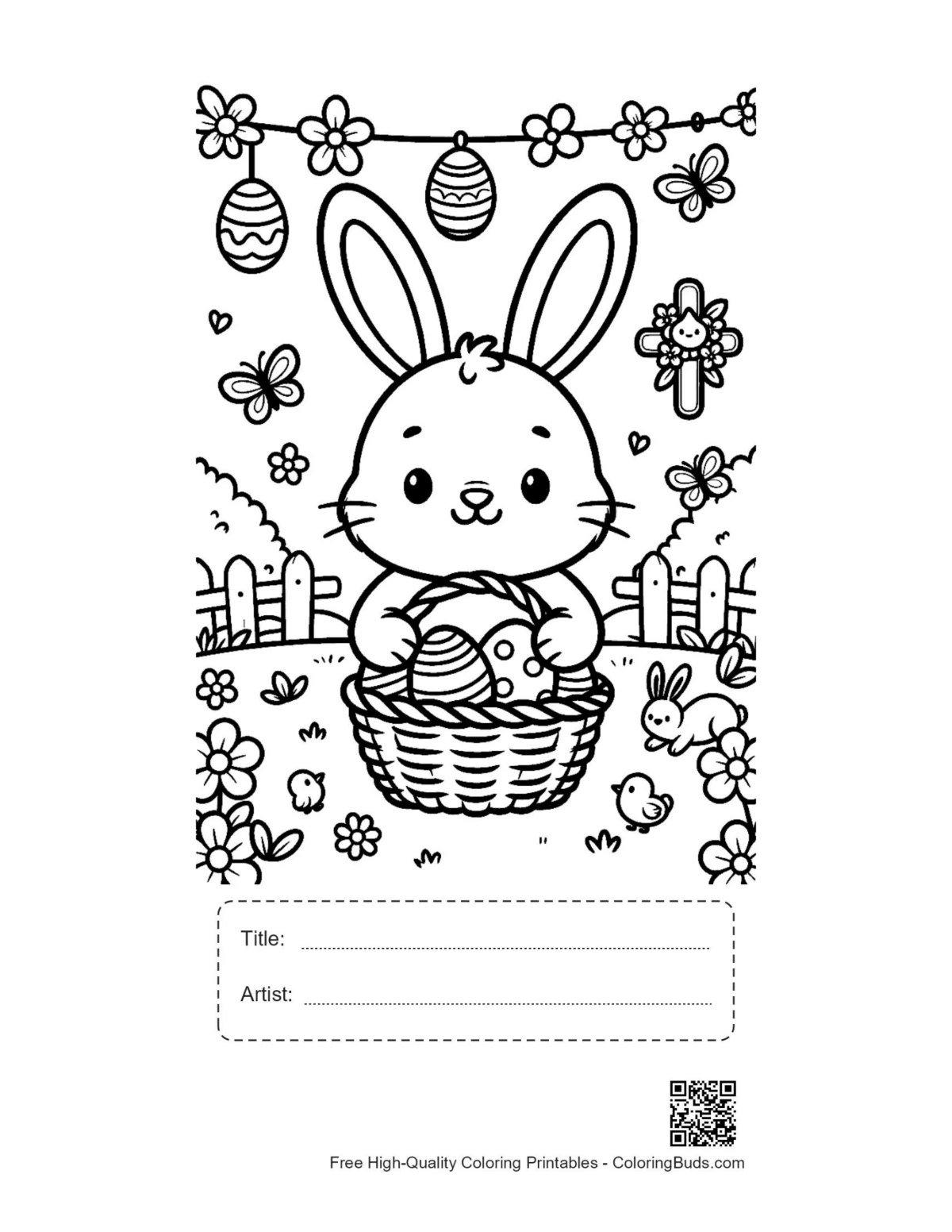 Easter bunny with decorated egg printable including title artist box