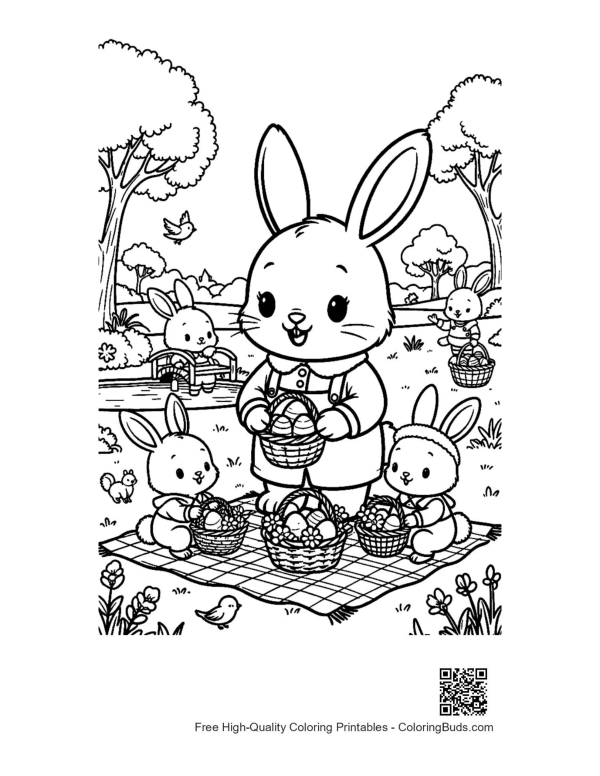 Easter Bunny setting up garden picnic printable coloring page
