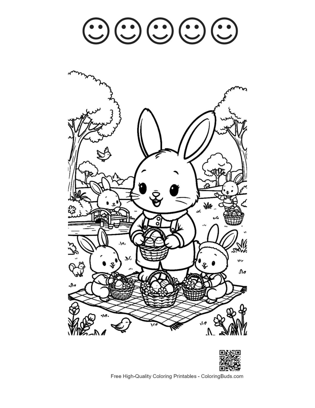 Easter Bunny picnic printable with 5 happy face outlines