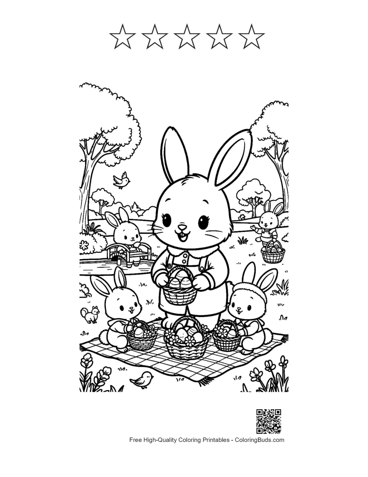 Easter Bunny garden picnic printable with 5 star outlines