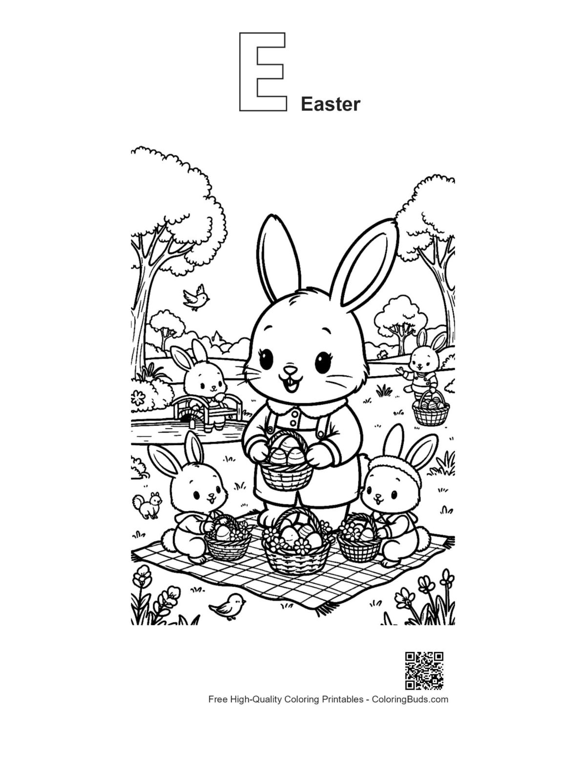 Easter Bunny picnic outline with alphabet E for Easter coloring