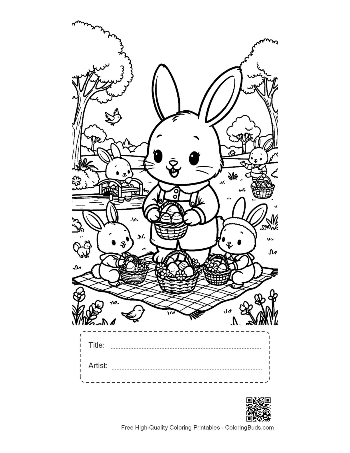 Easter Bunny garden picnic printable with title artist box