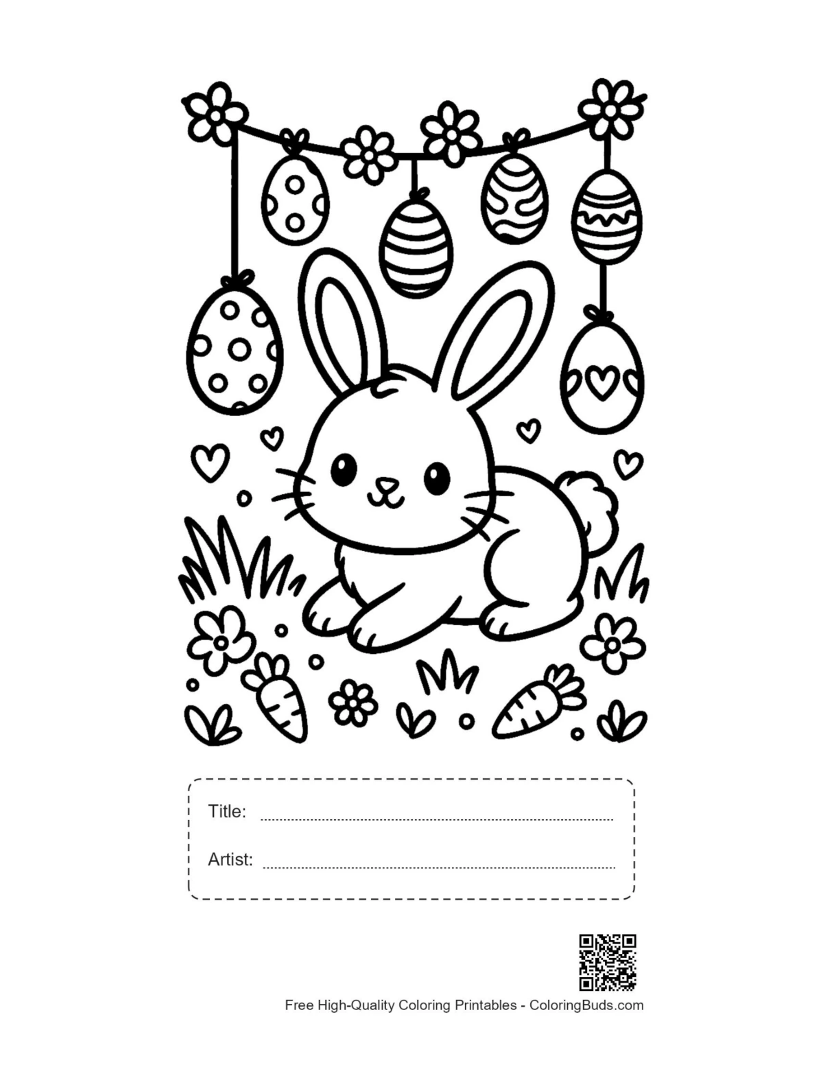 Easter eggs coloring page printable with title artist box