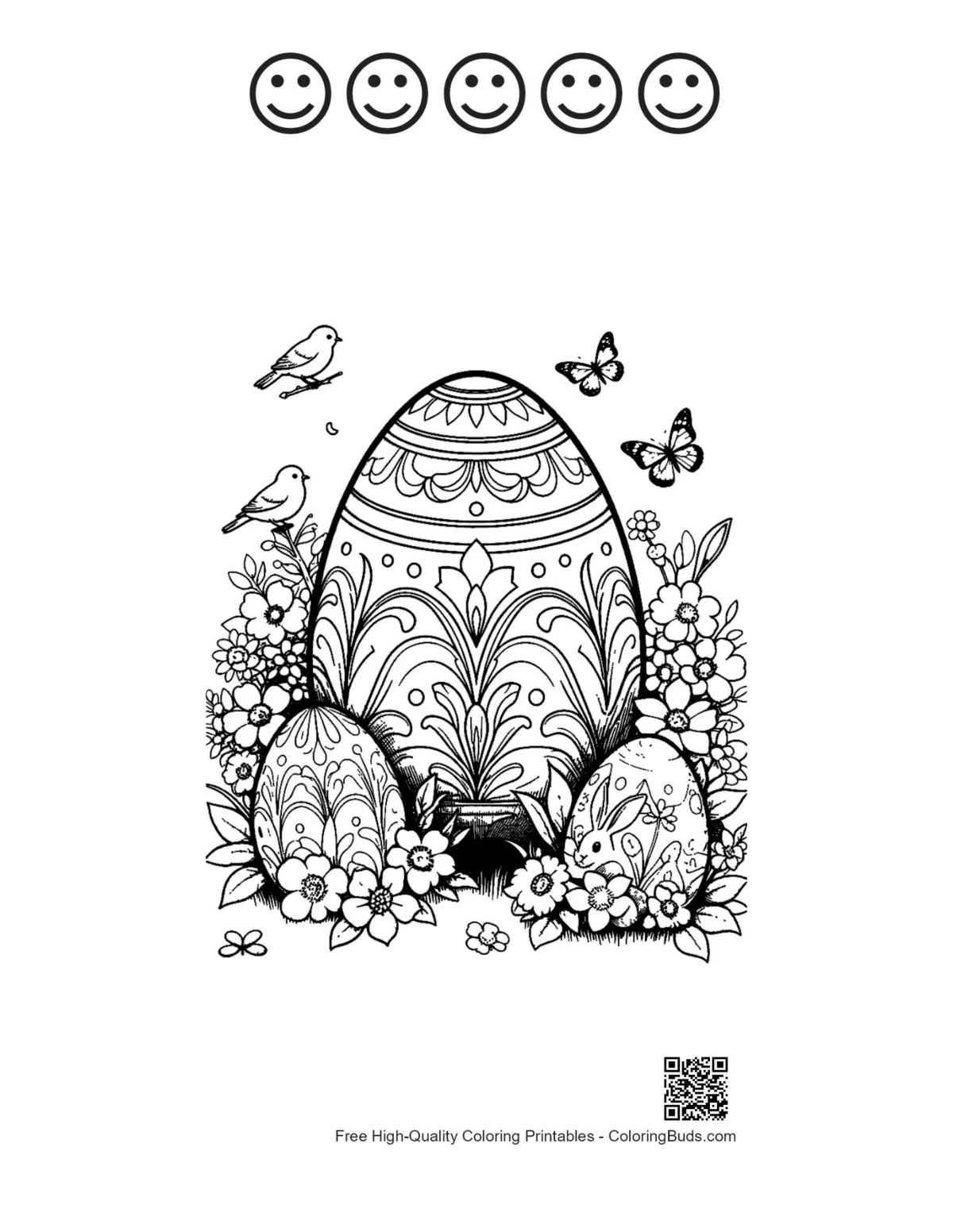 Easy Easter eggs sheet with 5 happy face outlines