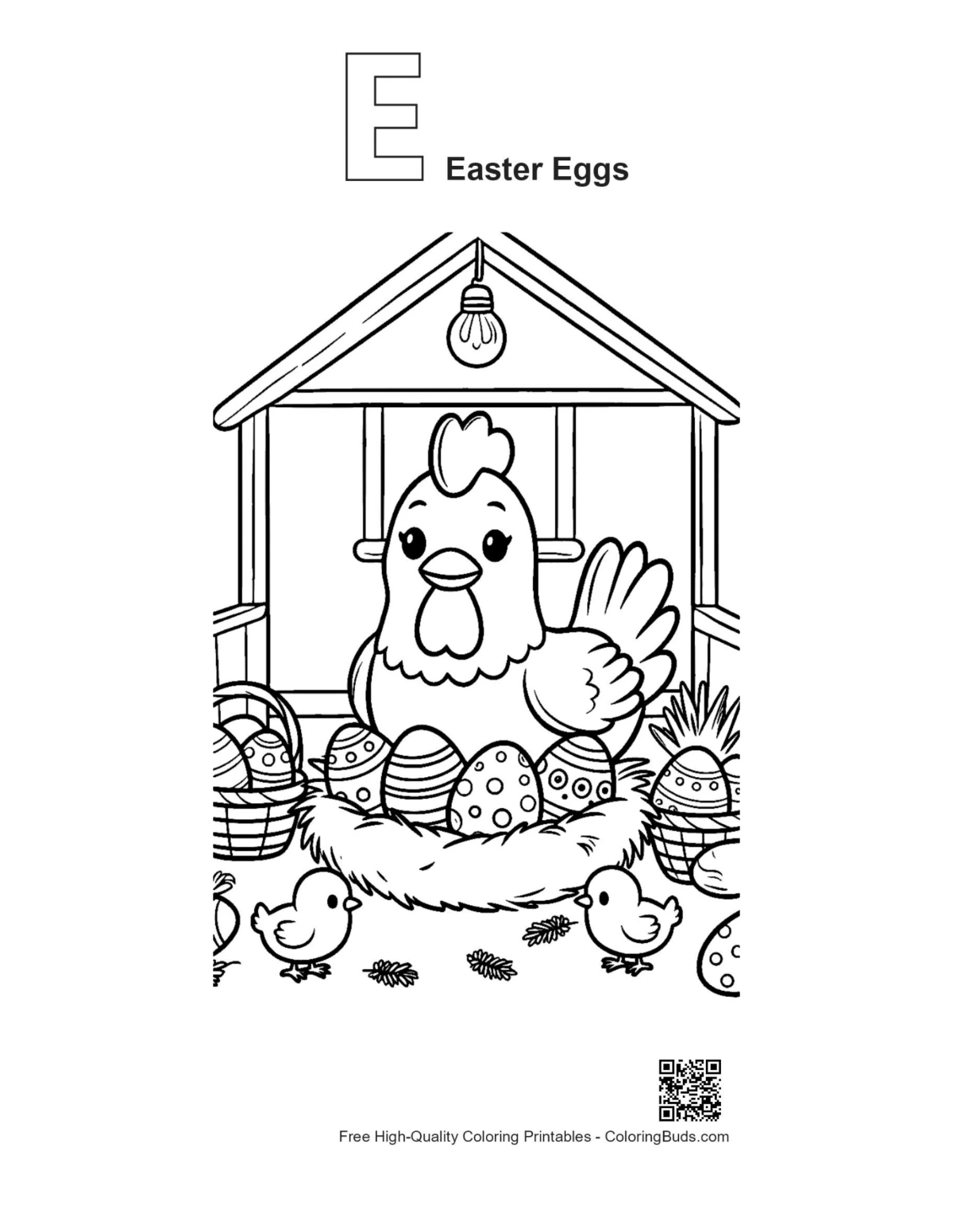 Chicken Easter eggs nest with alphabet E outline printable