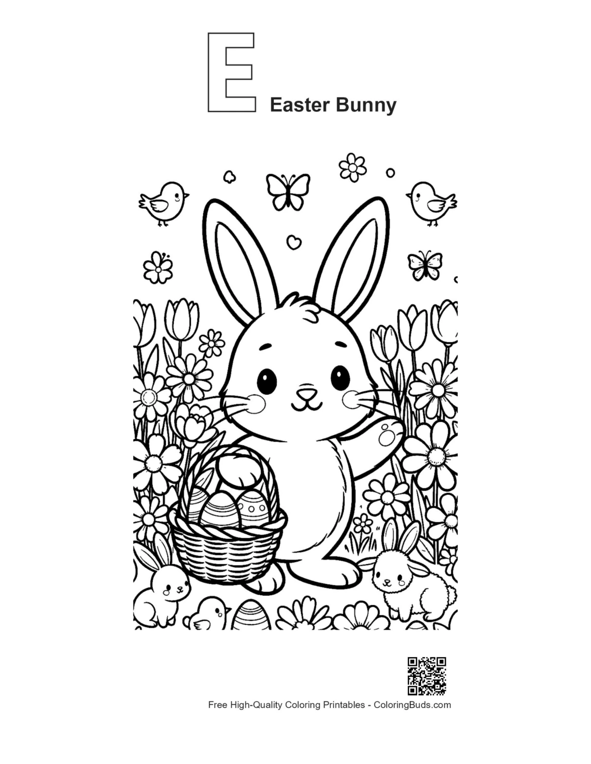 Outline alphabet E Easter Bunny dancing in flower field printable
