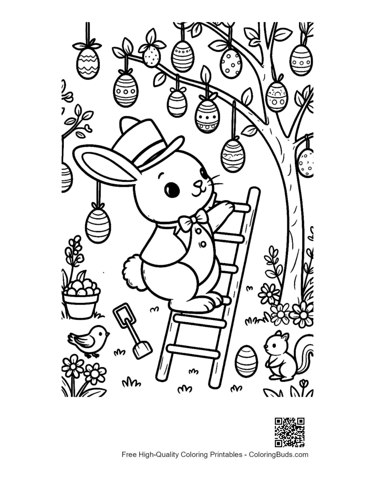Playful bunny decorating Easter egg tree garden coloring printable