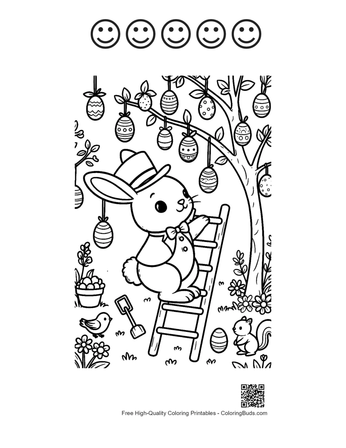 Bunny garden egg tree coloring with 5 happy faces outlines