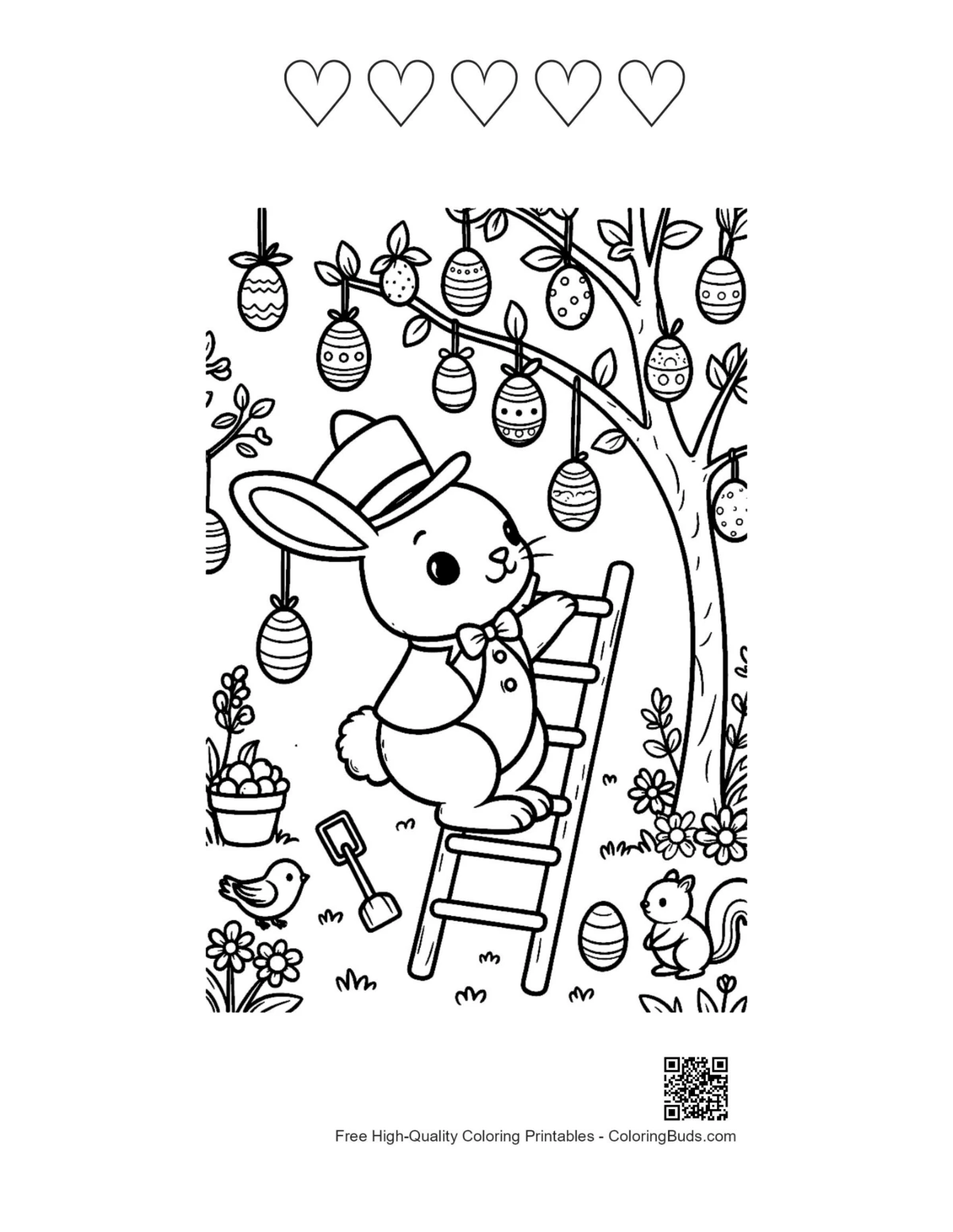 Playful Easter bunny tree with 5 heart outlines printable