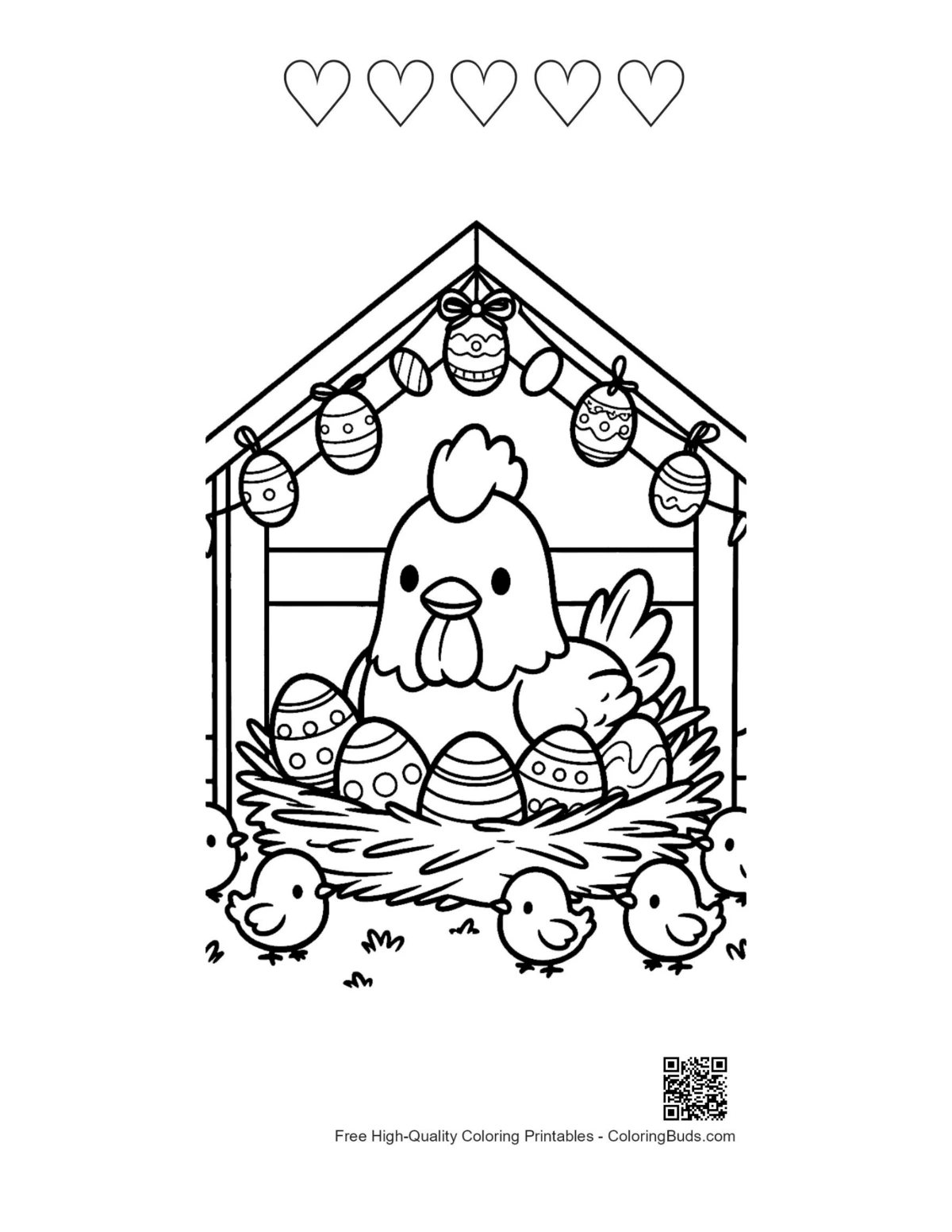 Proud hen Easter eggs with heart outlines