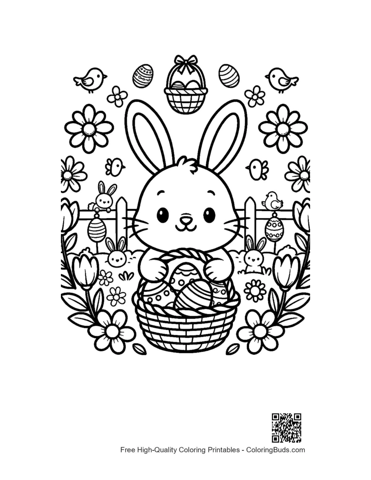 Sweet bunny in flower garden with eggs coloring page