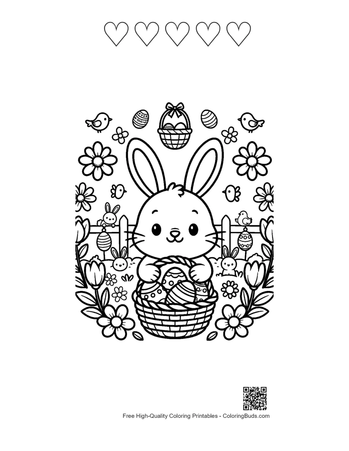 Sweet bunny eggs printable with 5 heart outlines