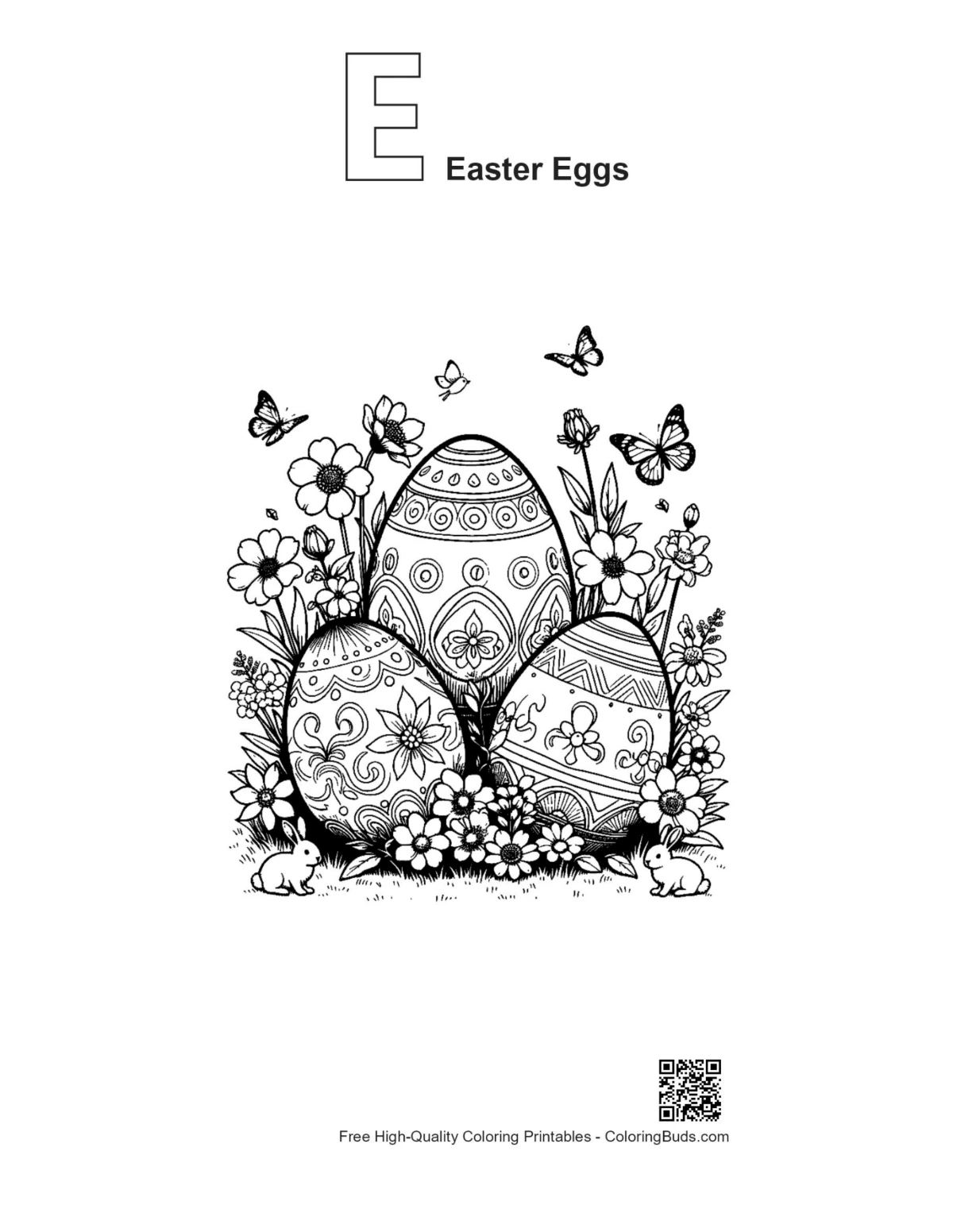 Outline of ornate Easter eggs with alphabet E and flowers