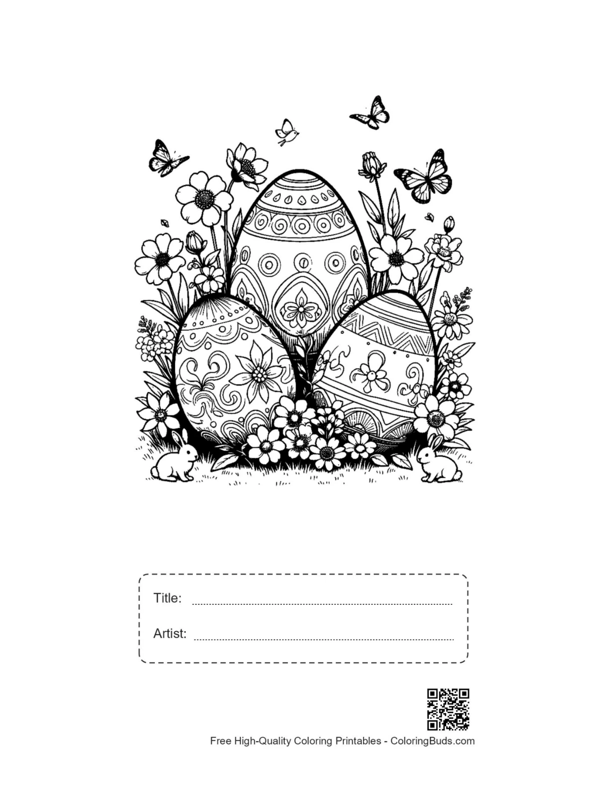 Printable Easter eggs with title and artist box for coloring