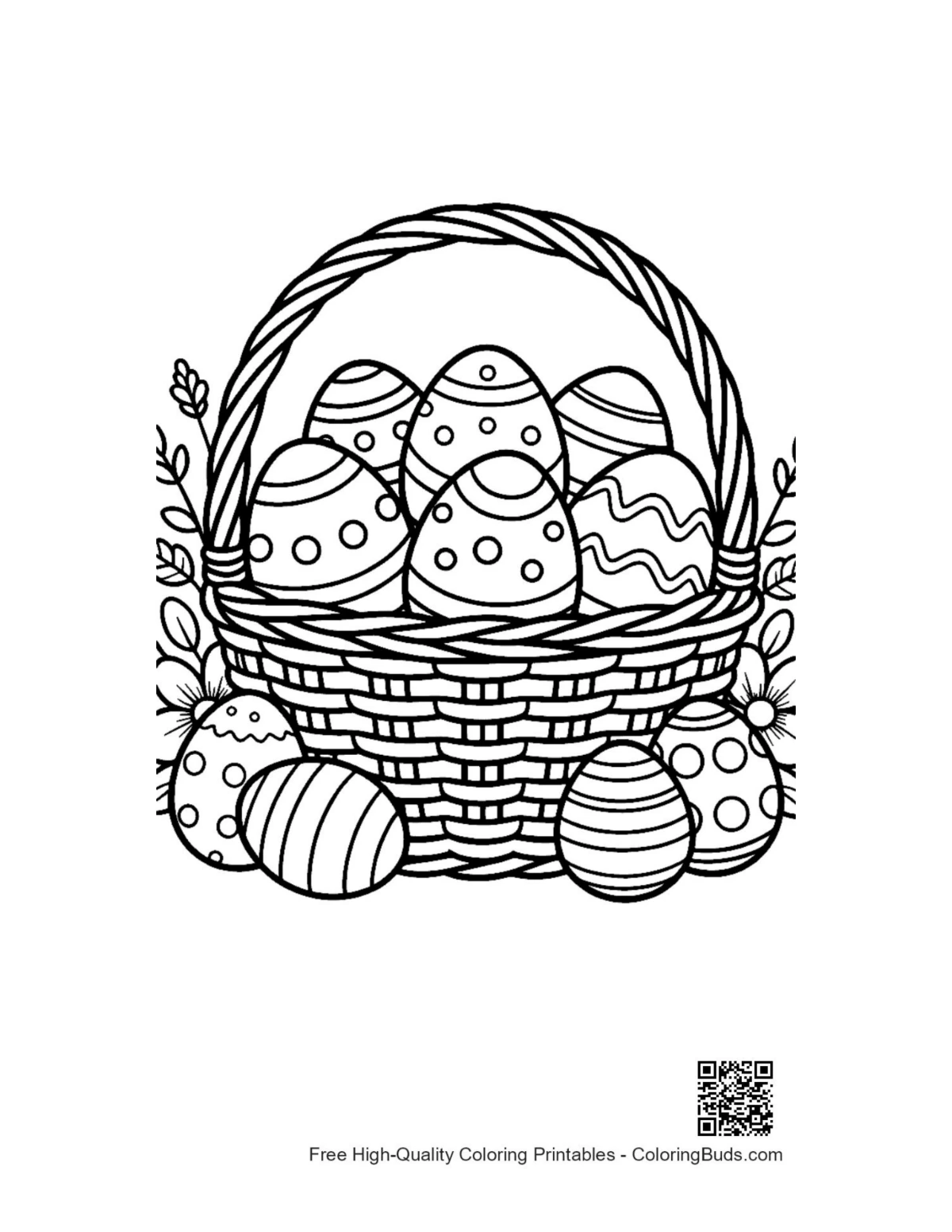 Printable woven Easter basket with flowers and eggs coloring page