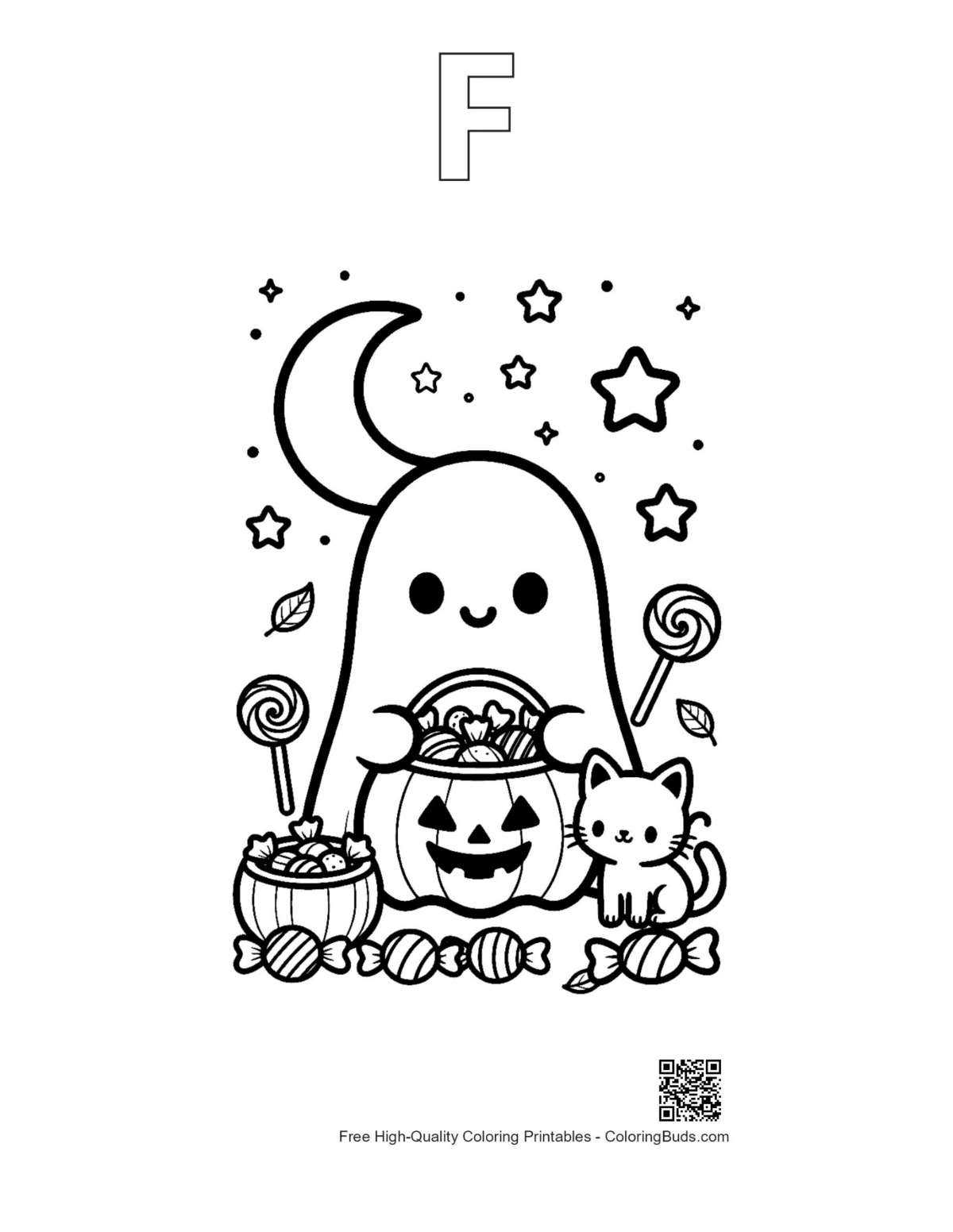 Ghost coloring page outline with alphabet F