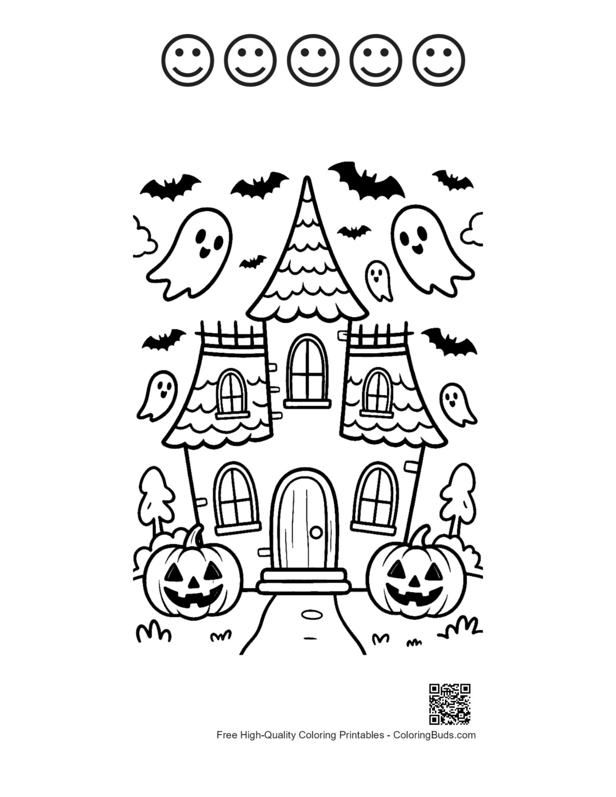 Gothic haunted house 5 happy faces ghosts moonlit coloring printable