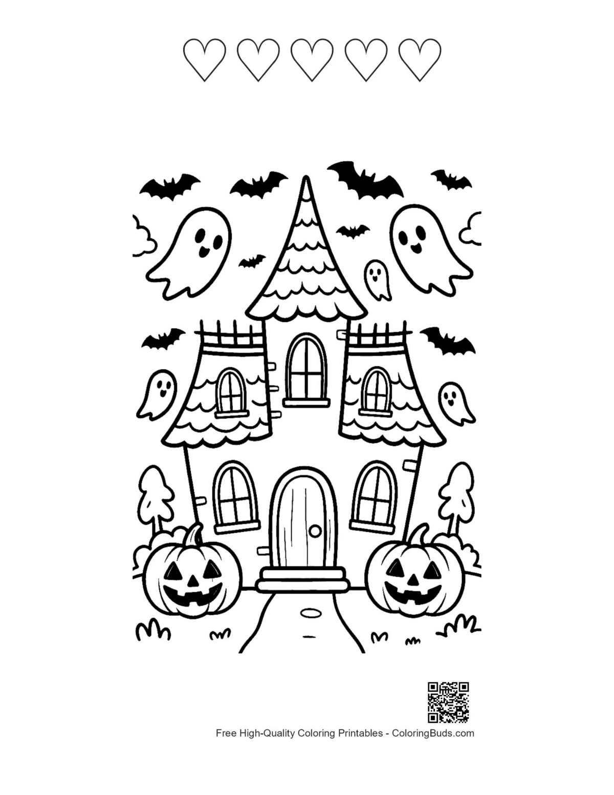Haunted house ghosts 5-heart outline gothic moonlit sky printable