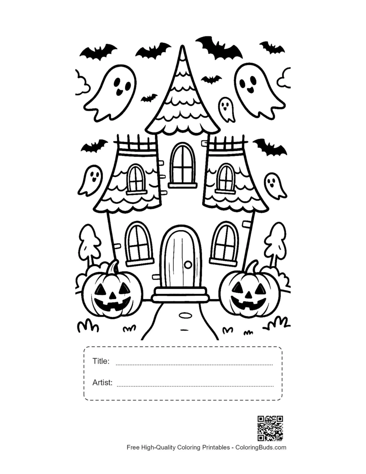 Haunted house ghosts coloring page with title artist box printable