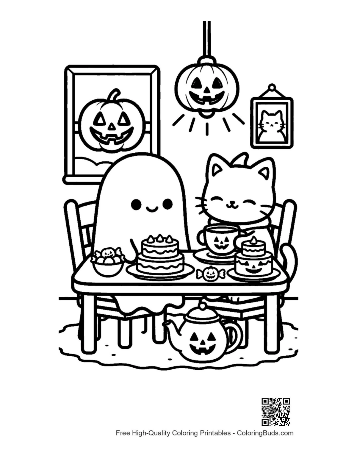 Friendly ghost cat meal indoors coloring page