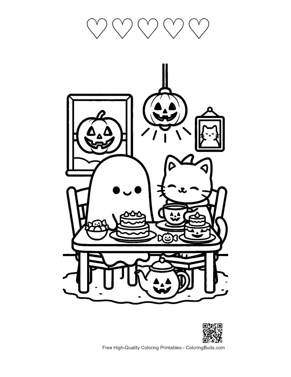 Ghost cat meal hearts outline printable