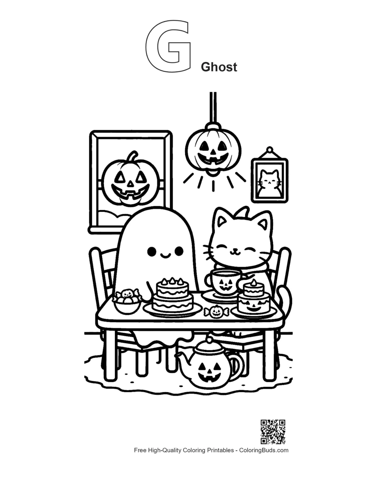 Ghost cat meal alphabet G outline coloring