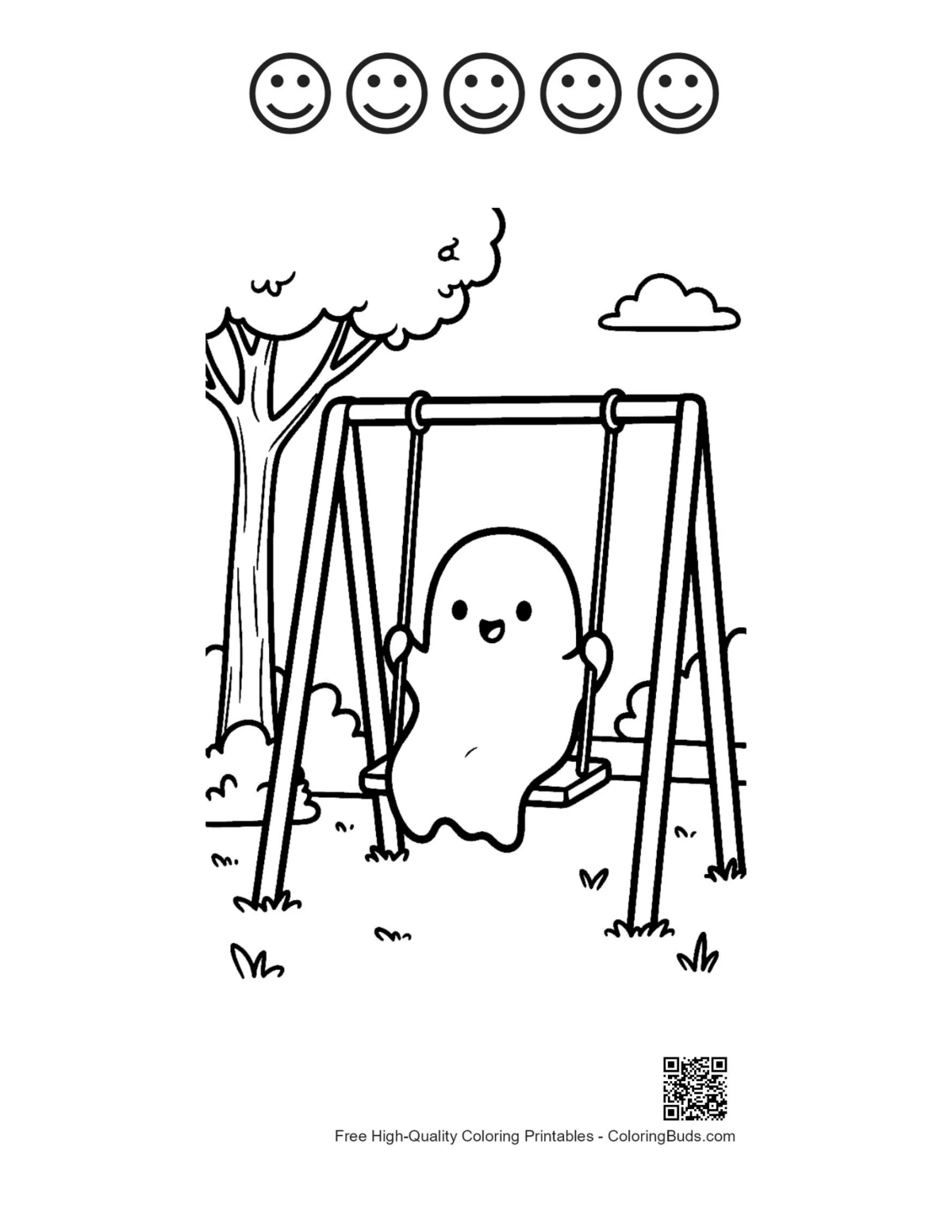 Ghost with 5 happy faces coloring printable