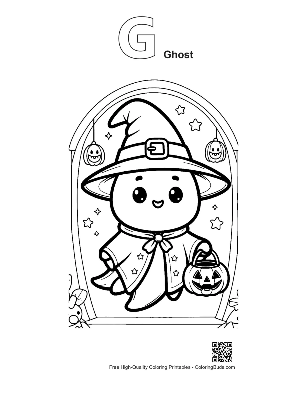 Alphabet G ghost outline coloring page