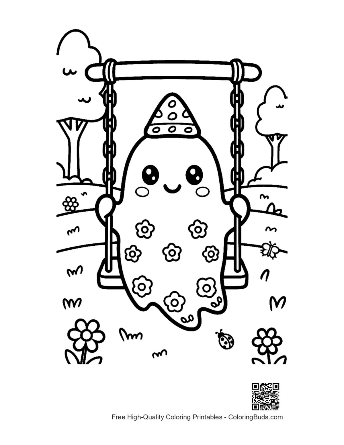 Whimsical ghost flower pattern swing Halloween coloring page