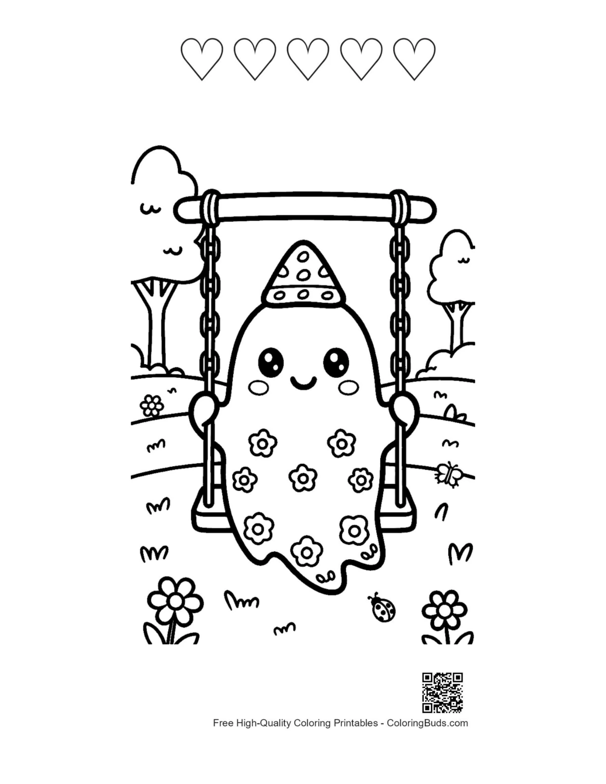 Ghost flower swing page with 5 heart outlines